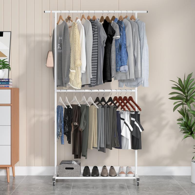 UDEAR Double Rod Clothing Garment Rack, Rolling Clothes Organizer on Wheels for Hanging Clothes
