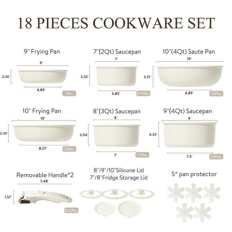 【Clearance-The Last Chance】 CAROTE 11/18Pcs Detachable Handle Nonstick Cookware Set, White/Black/Red, Pots and Pans, Oven Safe Frying Pan