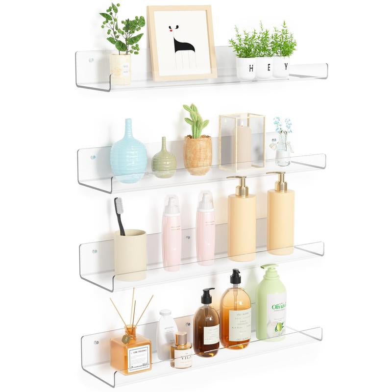 Upsimples Clear Acrylic Shelves for Storage, 15" Floating Shelves Wall Mounted, Decor Pack for Kids Bookshelf Display Ledge Shelves