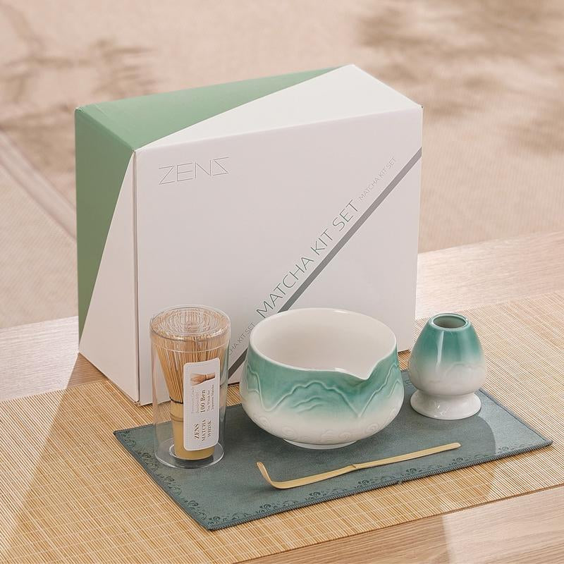 ZENS Sea Waves Matcha Whisk Set of （5/6/7）Pcs – Japanese-Inspired Matcha Kit with Wave-Pattern Ceramic Bowl, 15 Oz Bamboo Whisk & Accessories – Elegant Gift Set for Matcha Lovers Tea