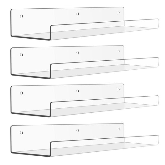 Upsimples Clear Acrylic Shelves for Storage, 15" Floating Shelves Wall Mounted, Decor Pack for Kids Bookshelf Display Ledge Shelves