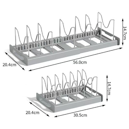 【Tik Tok Top Seller】Expandable Pot and Pan Organizer Rack for Cabinet, Pot Lid Organizer Holder With7 Stainless Steel Adjustable Dividers for Kitchen Cabinet Organizer and Storage , Ideal for Baking Pans,(White, Grey)Foldable Design,Gifts for Mom