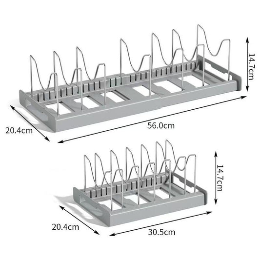 【Tik Tok Top Seller】Expandable Pot and Pan Organizer Rack for Cabinet, Pot Lid Organizer Holder With7 Stainless Steel Adjustable Dividers for Kitchen Cabinet Organizer and Storage , Ideal for Baking Pans,(White, Grey)Foldable Design,Gifts for Mom