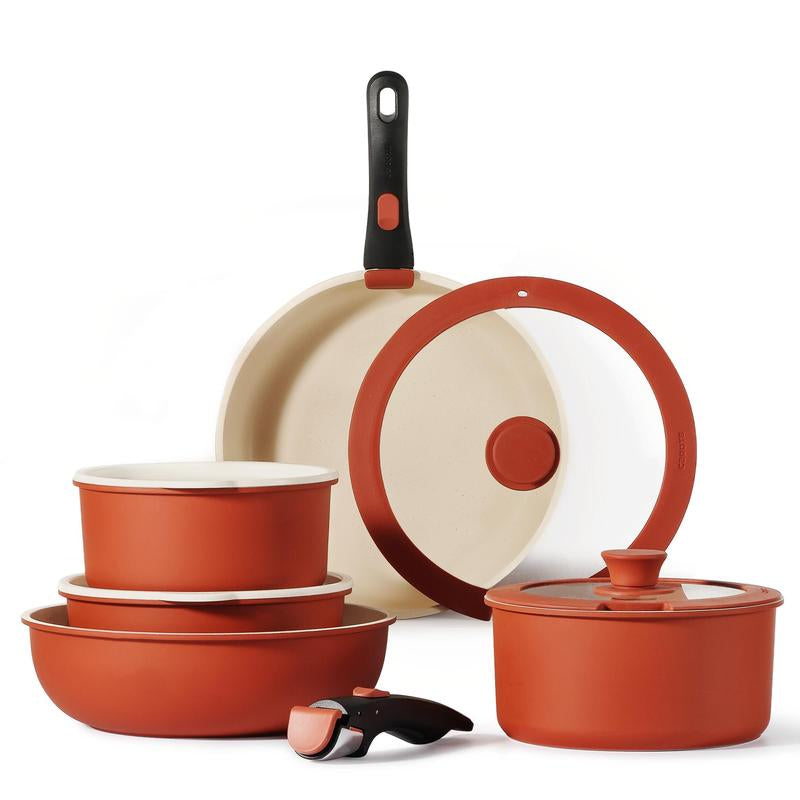 【Clearance-The Last Chance】 CAROTE 11/18Pcs Detachable Handle Nonstick Cookware Set, White/Black/Red, Pots and Pans, Oven Safe Frying Pan