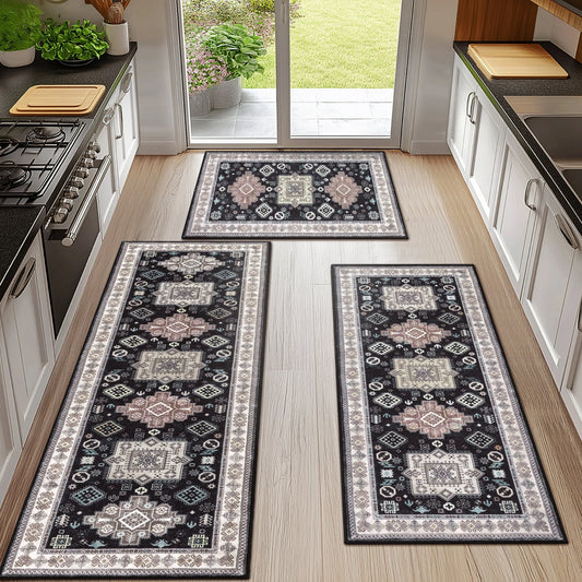 3 Pieces Boho Kitchen Rug Sets Non Slip Soft Kitchen Mat Floor Mat for Kitchen, Laundry Room and Hallway