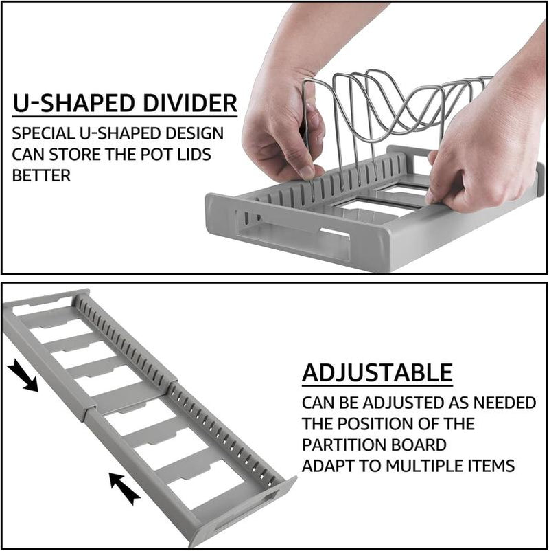 【Tik Tok Top Seller】Expandable Pot and Pan Organizer Rack for Cabinet, Pot Lid Organizer Holder With7 Stainless Steel Adjustable Dividers for Kitchen Cabinet Organizer and Storage , Ideal for Baking Pans,(White, Grey)Foldable Design,Gifts for Mom