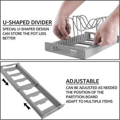 【Tik Tok Top Seller】Expandable Pot and Pan Organizer Rack for Cabinet, Pot Lid Organizer Holder With7 Stainless Steel Adjustable Dividers for Kitchen Cabinet Organizer and Storage , Ideal for Baking Pans,(White, Grey)Foldable Design,Gifts for Mom