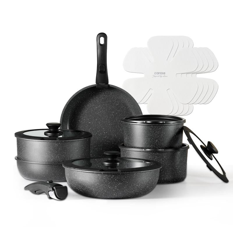 【Clearance-The Last Chance】 CAROTE 11/18Pcs Detachable Handle Nonstick Cookware Set, White/Black/Red, Pots and Pans, Oven Safe Frying Pan