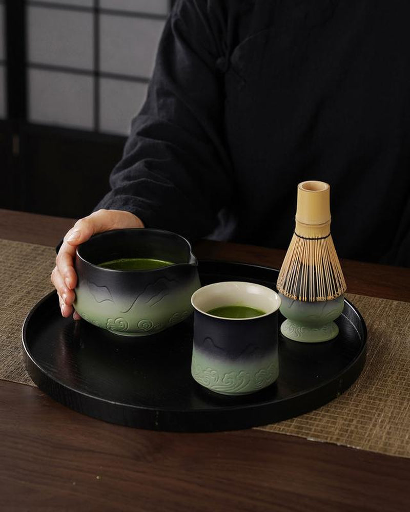ZENS Sea Waves Matcha Whisk Set of （5/6/7）Pcs – Japanese-Inspired Matcha Kit with Wave-Pattern Ceramic Bowl, 15 Oz Bamboo Whisk & Accessories – Elegant Gift Set for Matcha Lovers Tea