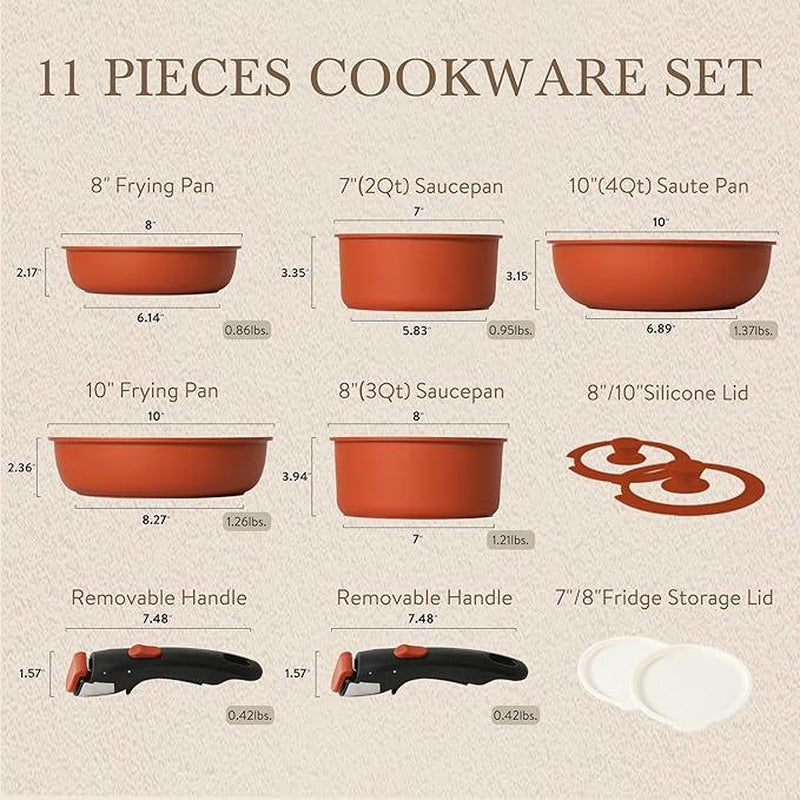 【Clearance-The Last Chance】 CAROTE 11/18Pcs Detachable Handle Nonstick Cookware Set, White/Black/Red, Pots and Pans, Oven Safe Frying Pan