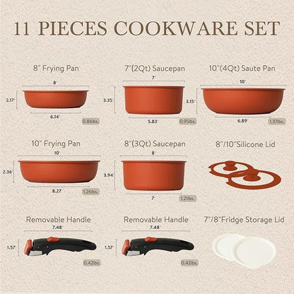 【Clearance-The Last Chance】 CAROTE 11/18Pcs Detachable Handle Nonstick Cookware Set, White/Black/Red, Pots and Pans, Oven Safe Frying Pan