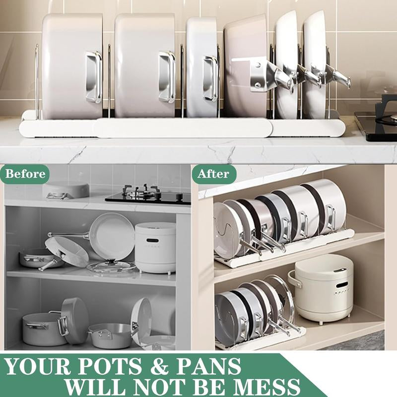 【Tik Tok Top Seller】Expandable Pot and Pan Organizer Rack for Cabinet, Pot Lid Organizer Holder With7 Stainless Steel Adjustable Dividers for Kitchen Cabinet Organizer and Storage , Ideal for Baking Pans,(White, Grey)Foldable Design,Gifts for Mom