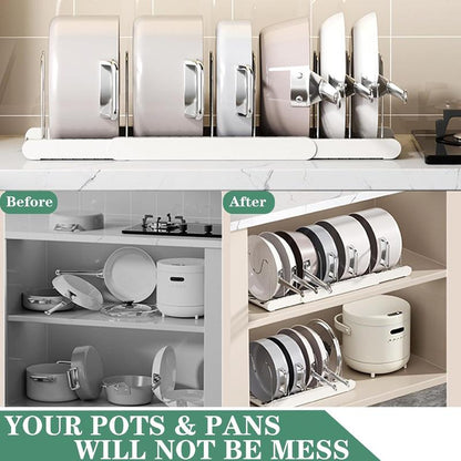【Tik Tok Top Seller】Expandable Pot and Pan Organizer Rack for Cabinet, Pot Lid Organizer Holder With7 Stainless Steel Adjustable Dividers for Kitchen Cabinet Organizer and Storage , Ideal for Baking Pans,(White, Grey)Foldable Design,Gifts for Mom
