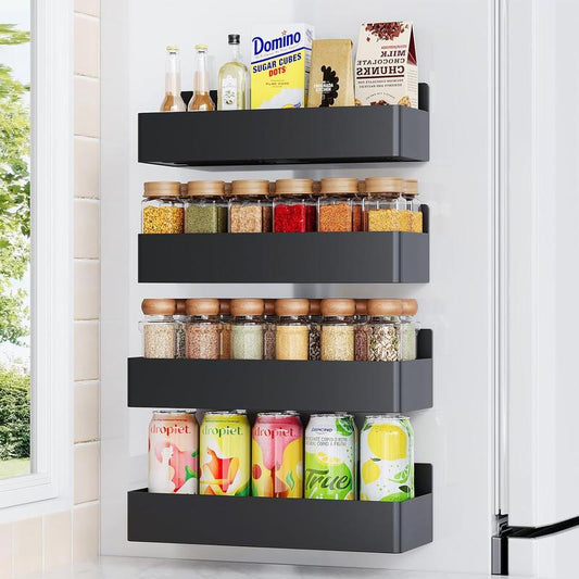 Magnetic Spice Rack for Refrigerator, Kitchen Organizer and Storage Shelf, Black (4 Pack)