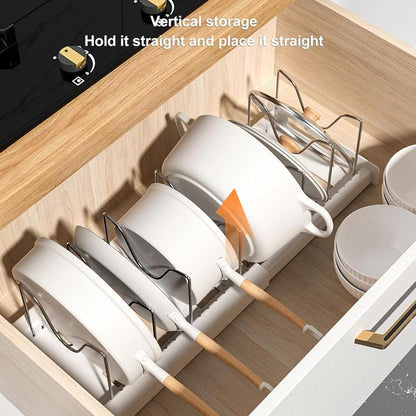 【Tik Tok Top Seller】Expandable Pot and Pan Organizer Rack for Cabinet, Pot Lid Organizer Holder With7 Stainless Steel Adjustable Dividers for Kitchen Cabinet Organizer and Storage , Ideal for Baking Pans,(White, Grey)Foldable Design,Gifts for Mom