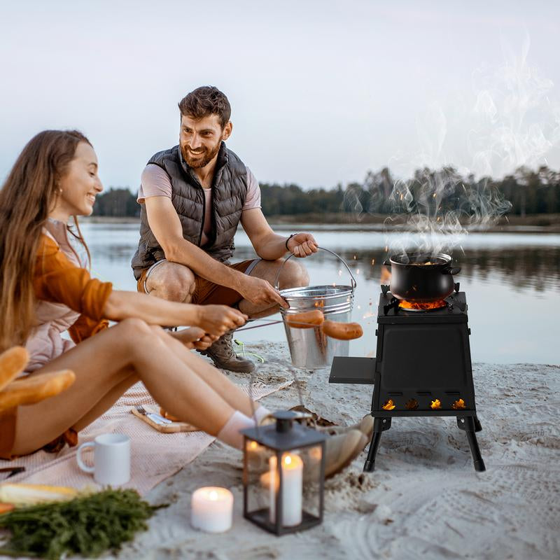 【Outdoorfun】Wood Burning Camp Stove, Portable Camping Wood Stove, Black Woodstove with Carrying Case for Backpacking Outdoor Cooking